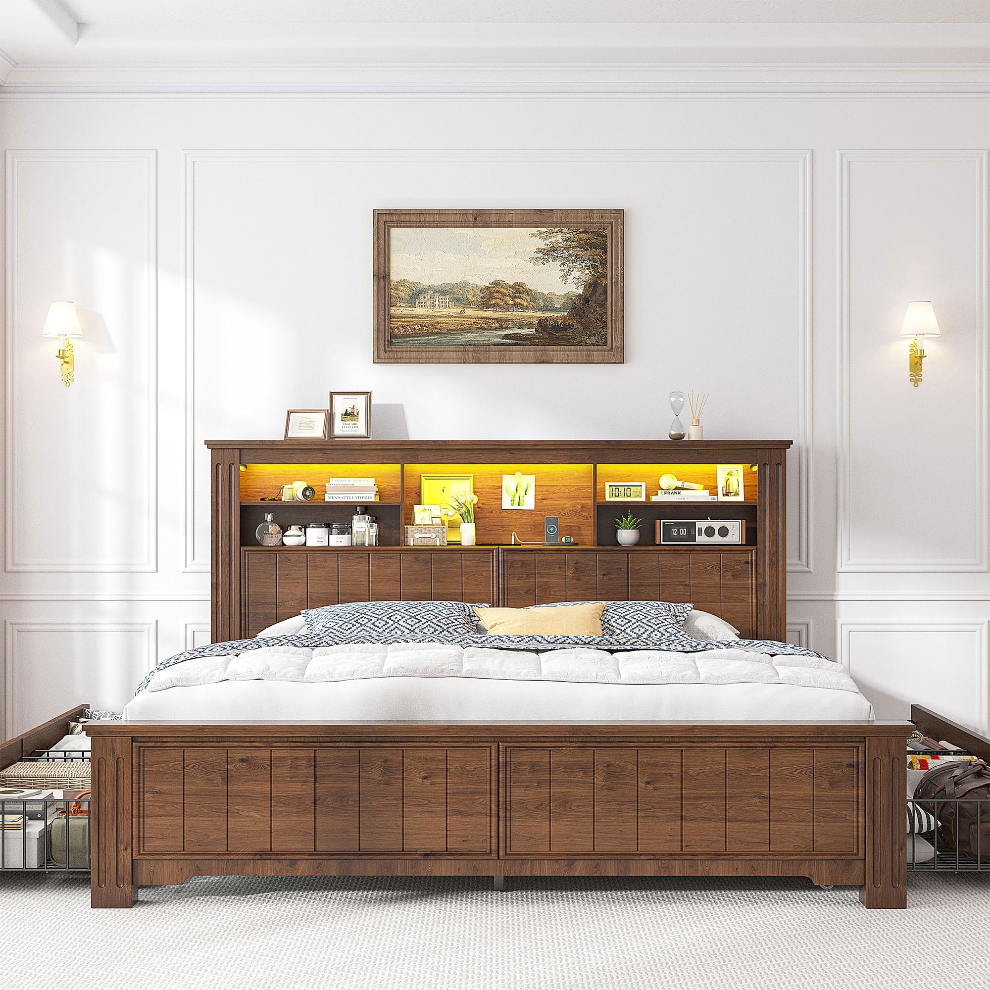 Headboard and Storage, 4 Drawers & LED & USB Bed Frame Queen Size with Storage