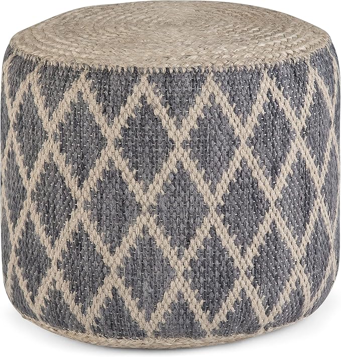 Edgeley Boho Round Pouf in Classic Blue, Natural Woven Braided Jute for the Living Room, Bedroom and Kids Room