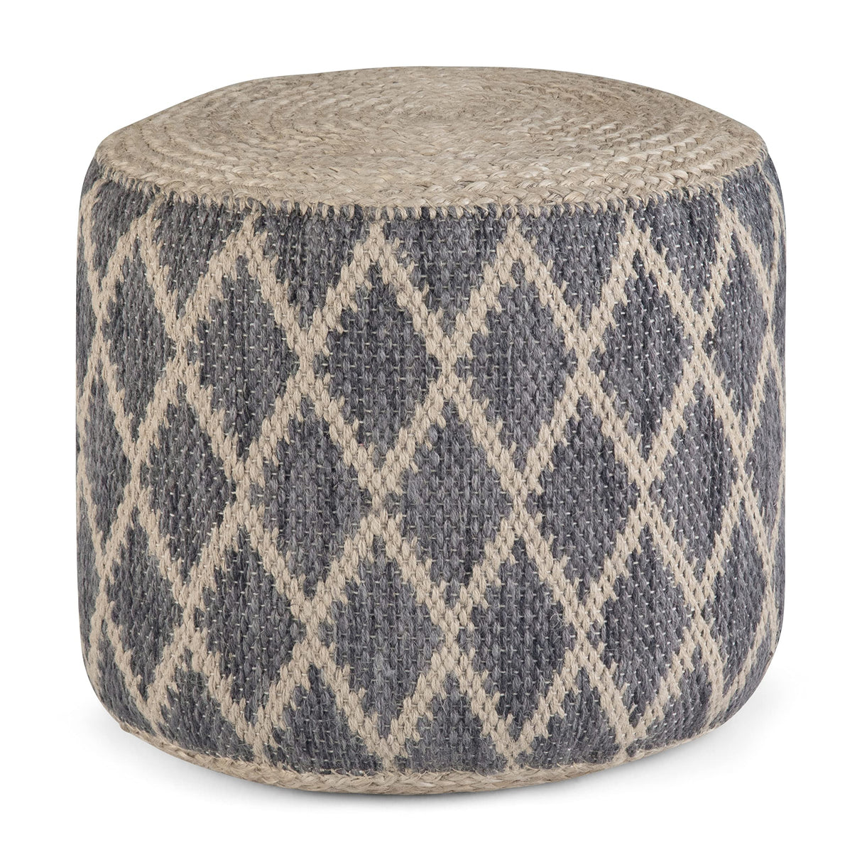 Edgeley Round Pouf, Footstool, Upholstered in Grey, Natural Woven Braided Jute