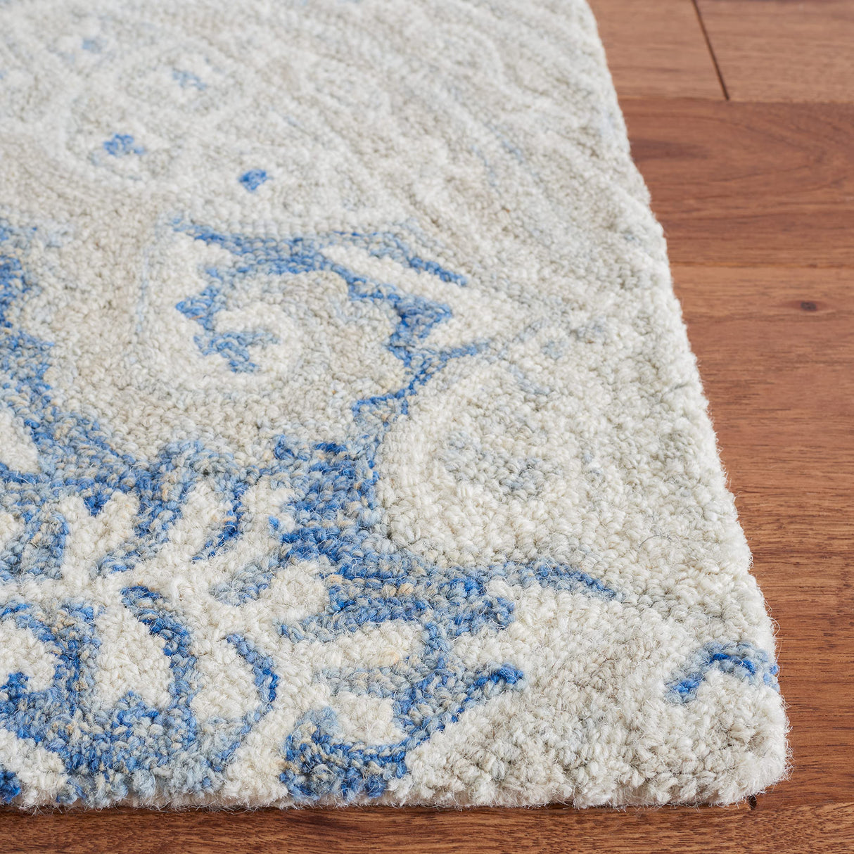 Micro-Loop Collection Area Rug - 5' Square, Blue & Ivory, Handmade Wool