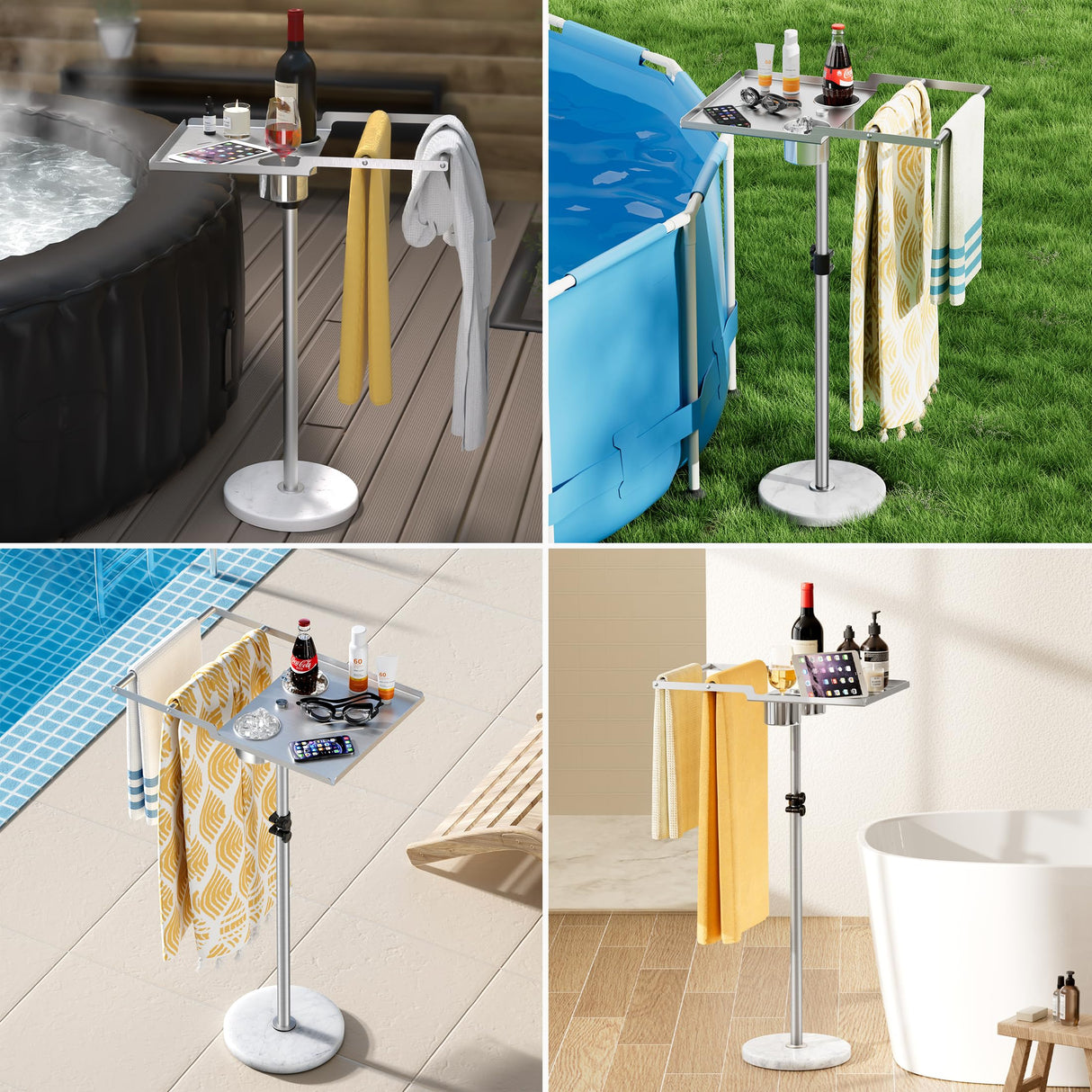 Pool Towel Rack Outdoor, 360° Swivel Table Tray with 2 Drink Holders, Outdoor Towel Rack