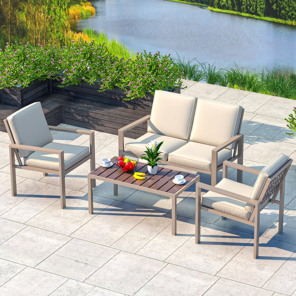 4-Piece Outdoor Patio Furniture Set, Patio Conversation Set with Water Washable Cushions
