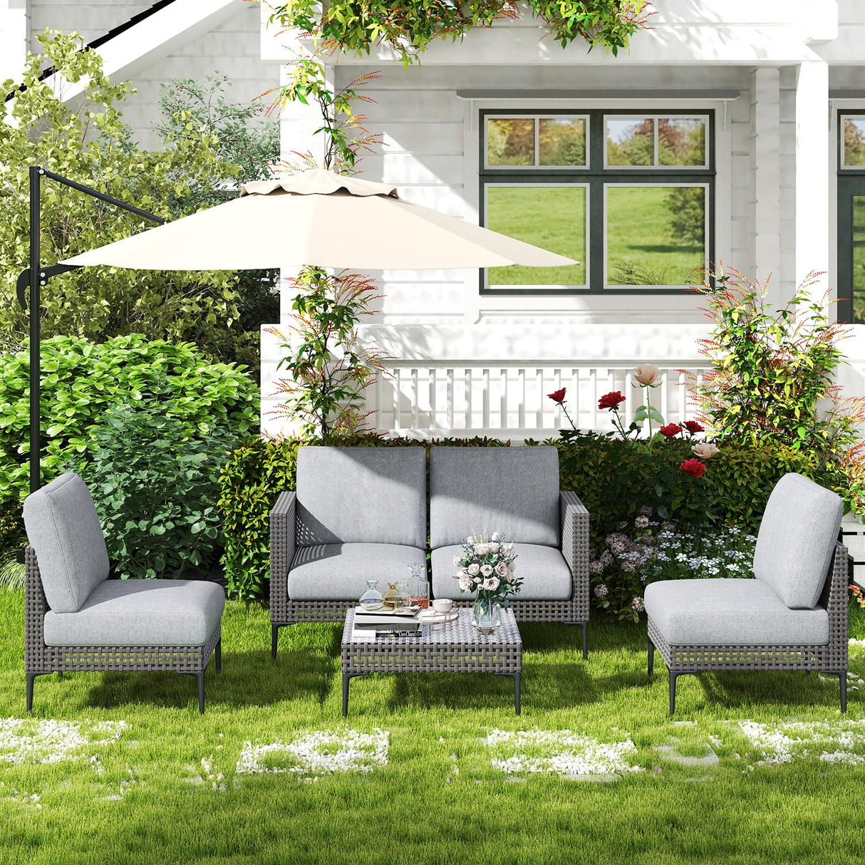 Outdoor Patio Sofa Conversation Set–Rattan 4 Seats Comfortable Couch for Garden