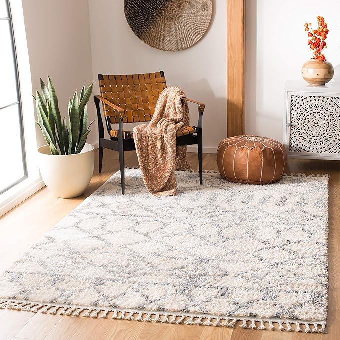 Berber Fringe Shag Collection 6'7" Square Cream/Grey BFG626A Moroccan Non