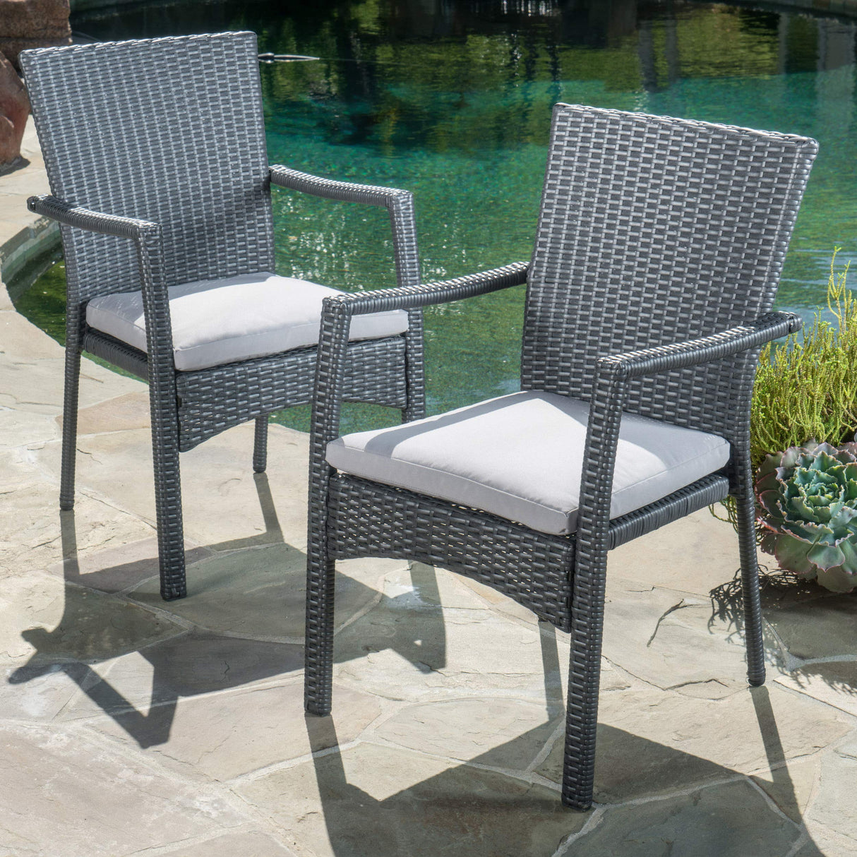 Corsica Outdoor Wicker Dining Chairs with Cushions, 2-Pcs Set, Grey