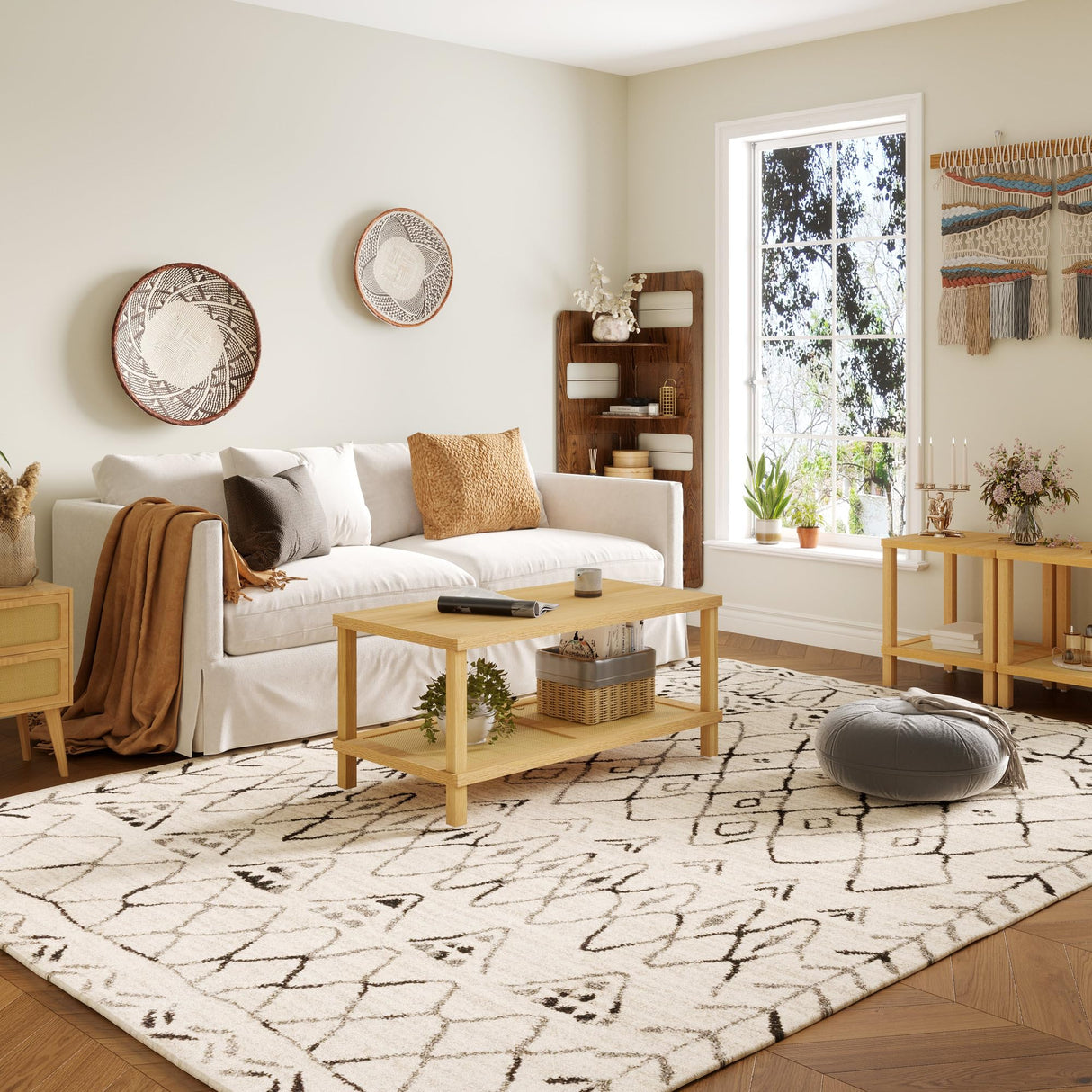 Rattan Coffee Table for Living Room,2-Tier Wooden Center Table