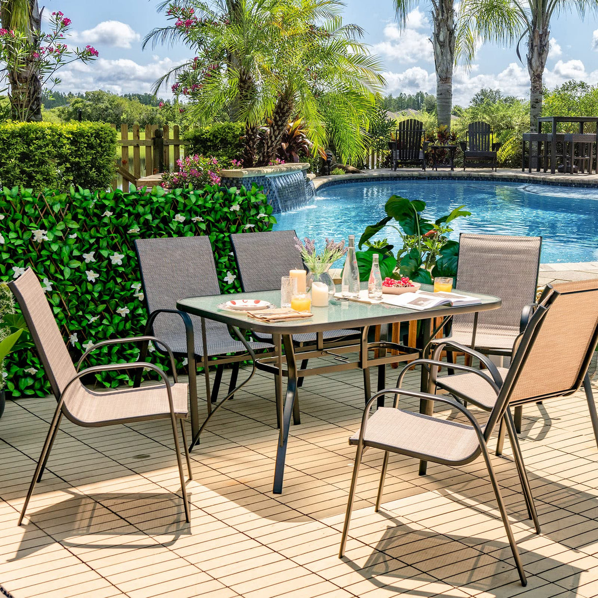 7 Piece Patio Dining Set, Outdoor Dining Table Set with 6 Stackable Chairs