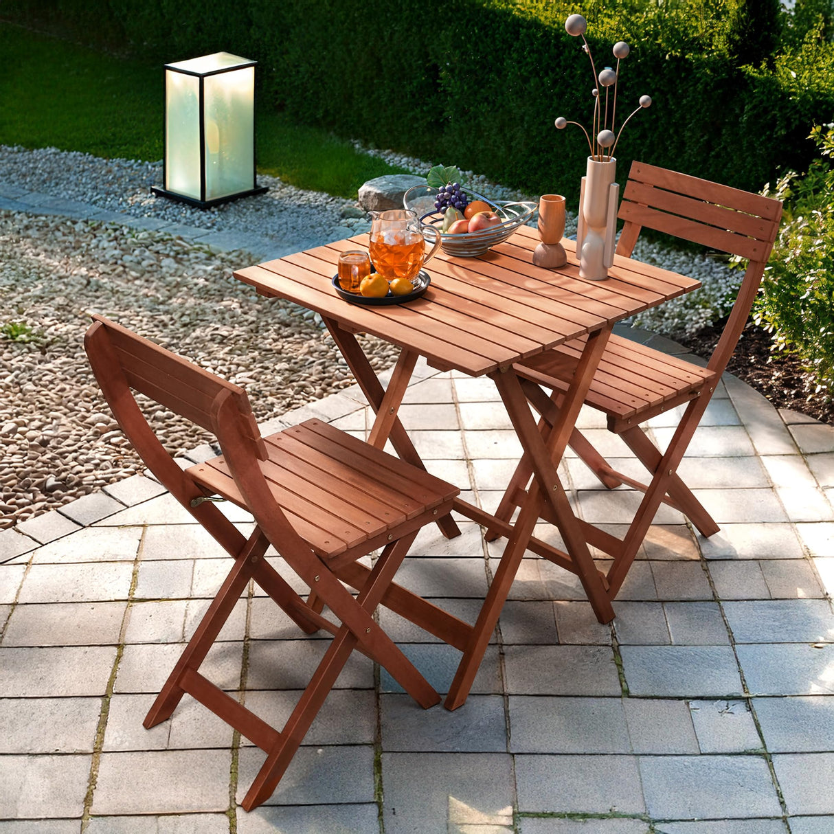 Foldable Eucalyptus Wood Bistro Set – 3-Piece Outdoor Patio Table and Chairs Set