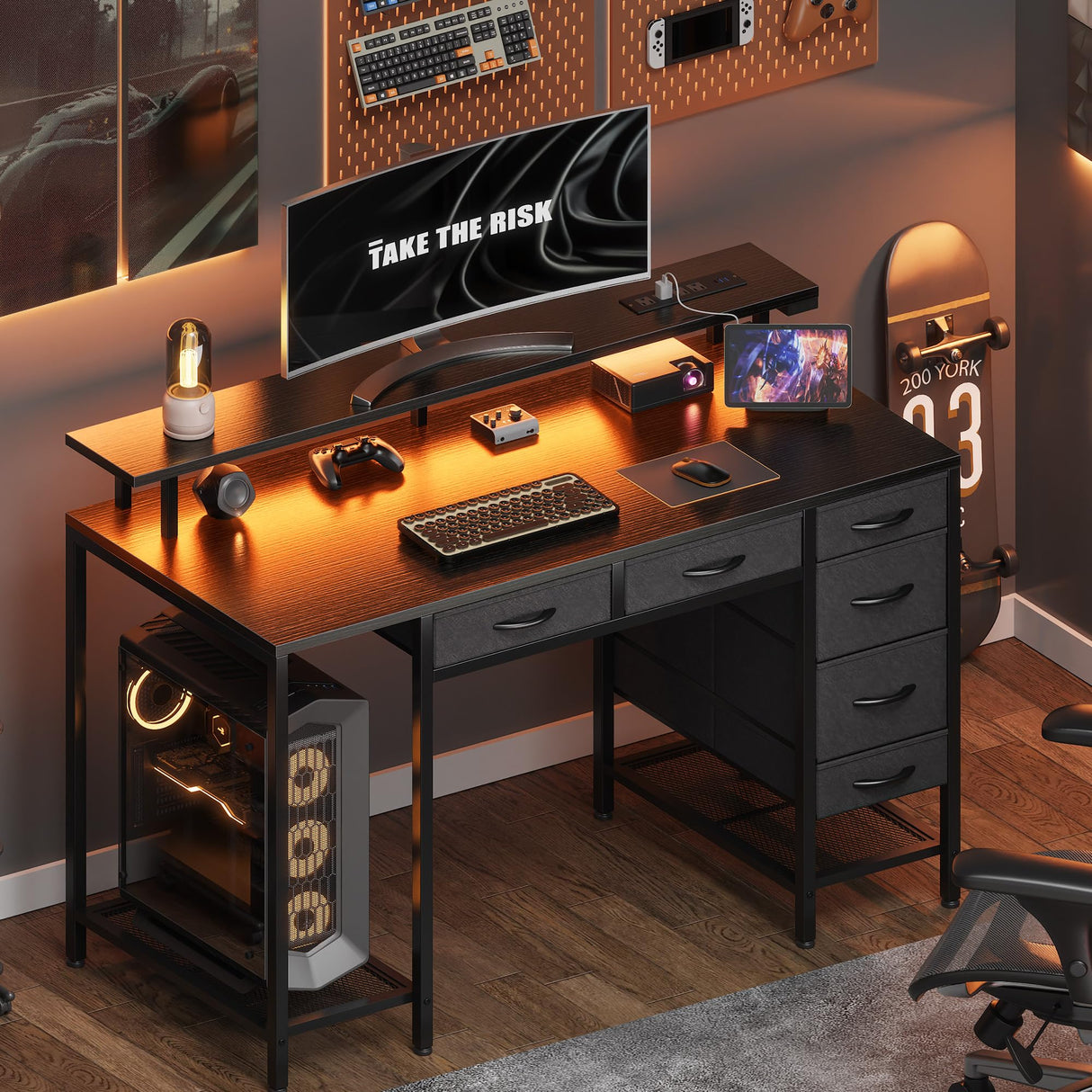 Computer Desk with Power Outlets and LED Lights, 47 Inch Gaming Desk with 6 Drawers