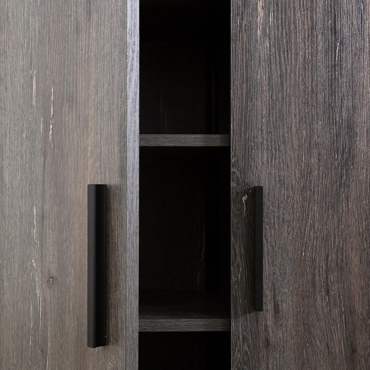 Cabinet with 6 Shelves, 2 Doors, Stable Plinth Base, Rustic, Gray and Black