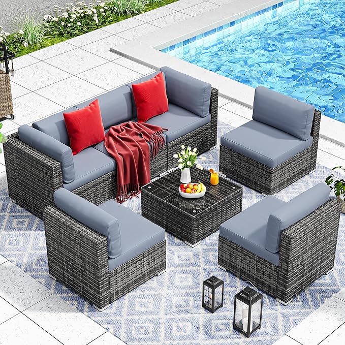 7 Pieces Patio Furniture Set, Sectional Sofa PE Rattan Wicker Conversation Set Outside