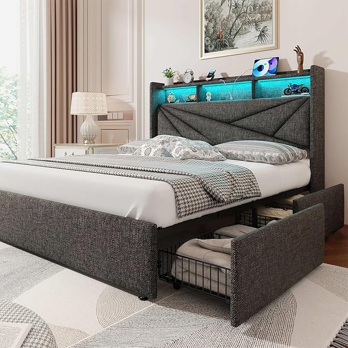 LED King Size Bed Frame with 4 Storage Drawers, Upholstered King Bed Frame