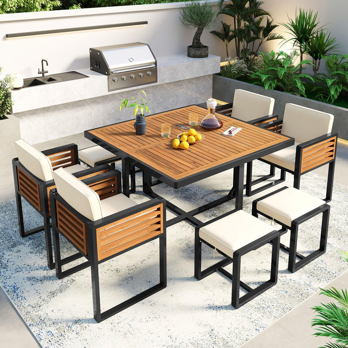 9 Pieces Outdoor Dining Set for 8 People, Acacia Wood Patio Furniture Sets