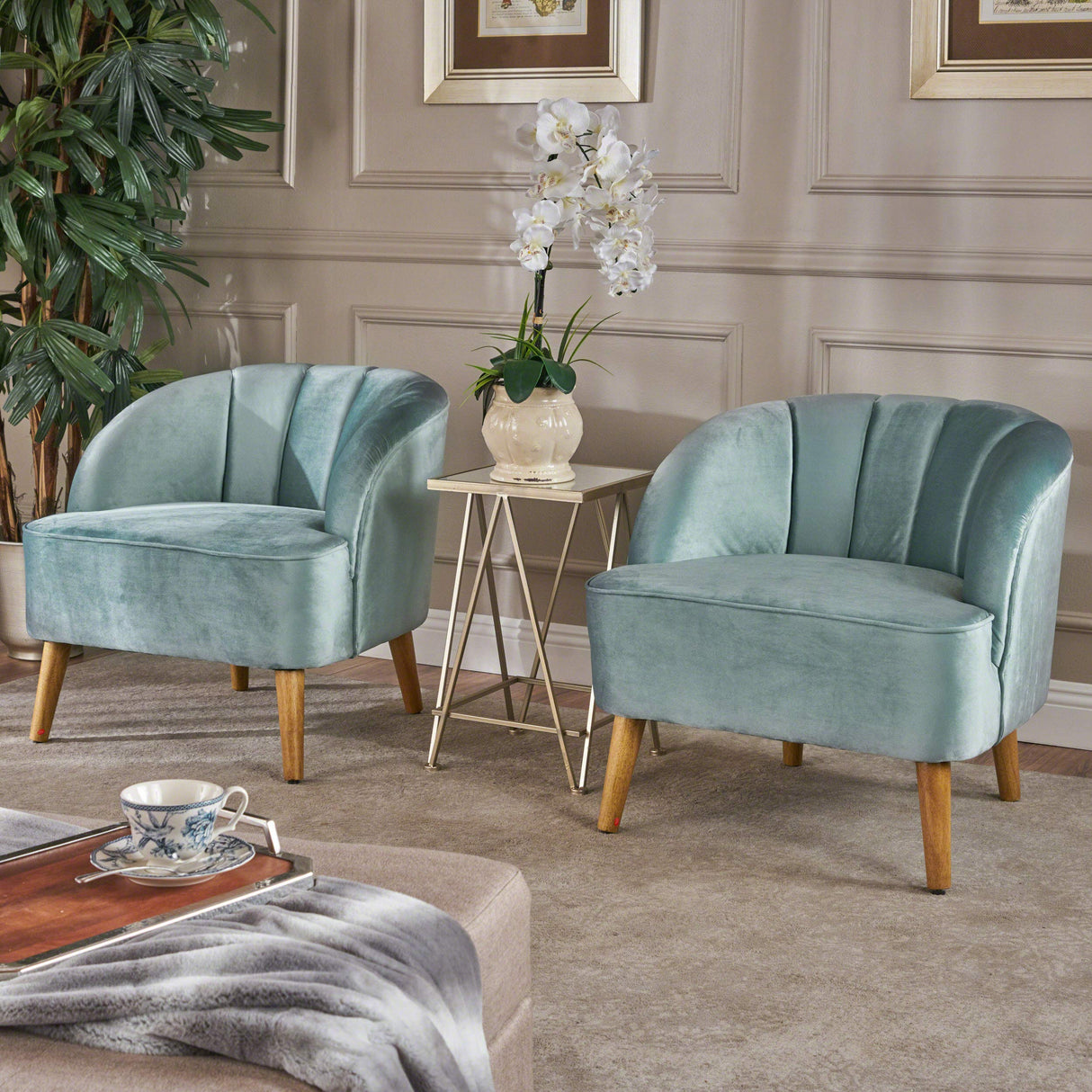 Amaia Modern Velvet Club Chairs, 2-Pcs Set, Seafoam Blue / Walnut