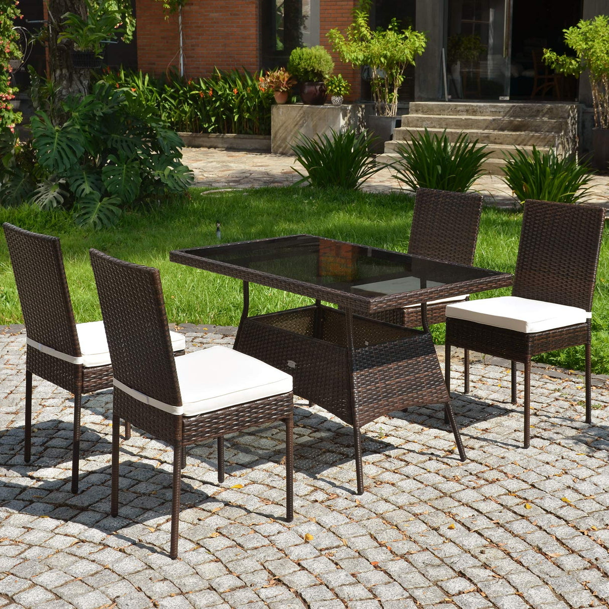5 Piece Patio Wicker Dining Set, Outdoor Rattan Table and Chairs