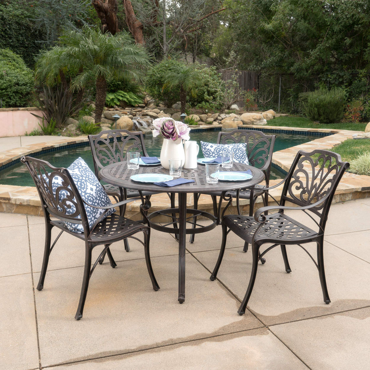 Alfresco Outdoor Cast Aluminum Circular Dining Set, 5-Pcs Set, Bronze