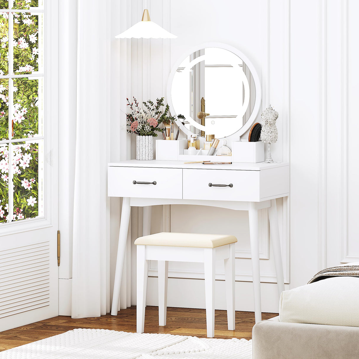 Makeup Vanity Desk with Round Mirror and Lights,White Vanity Makeup Table
