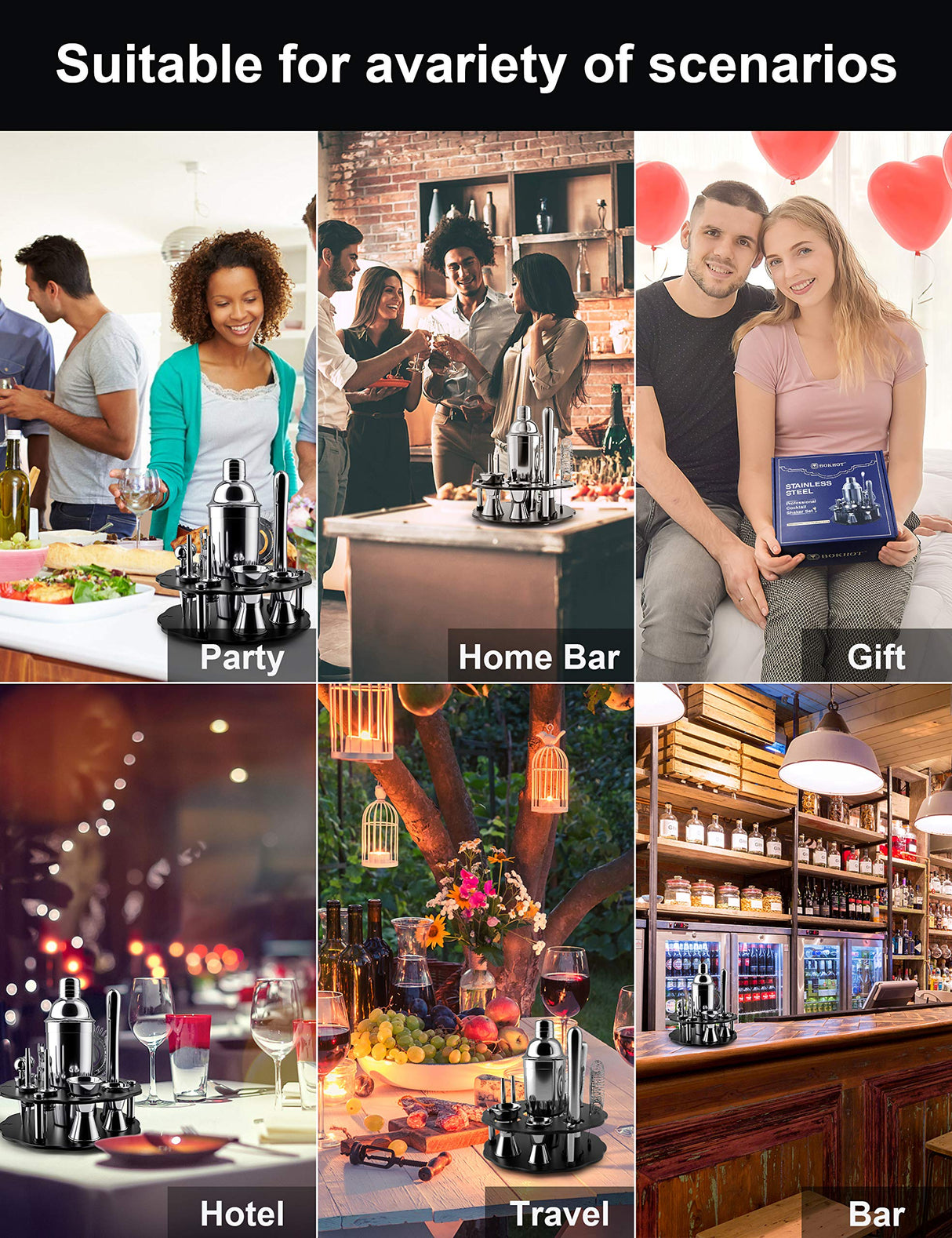 14 Piece Cocktail Shaker Set Stainless Steel Bar Tools with Rotating Stand