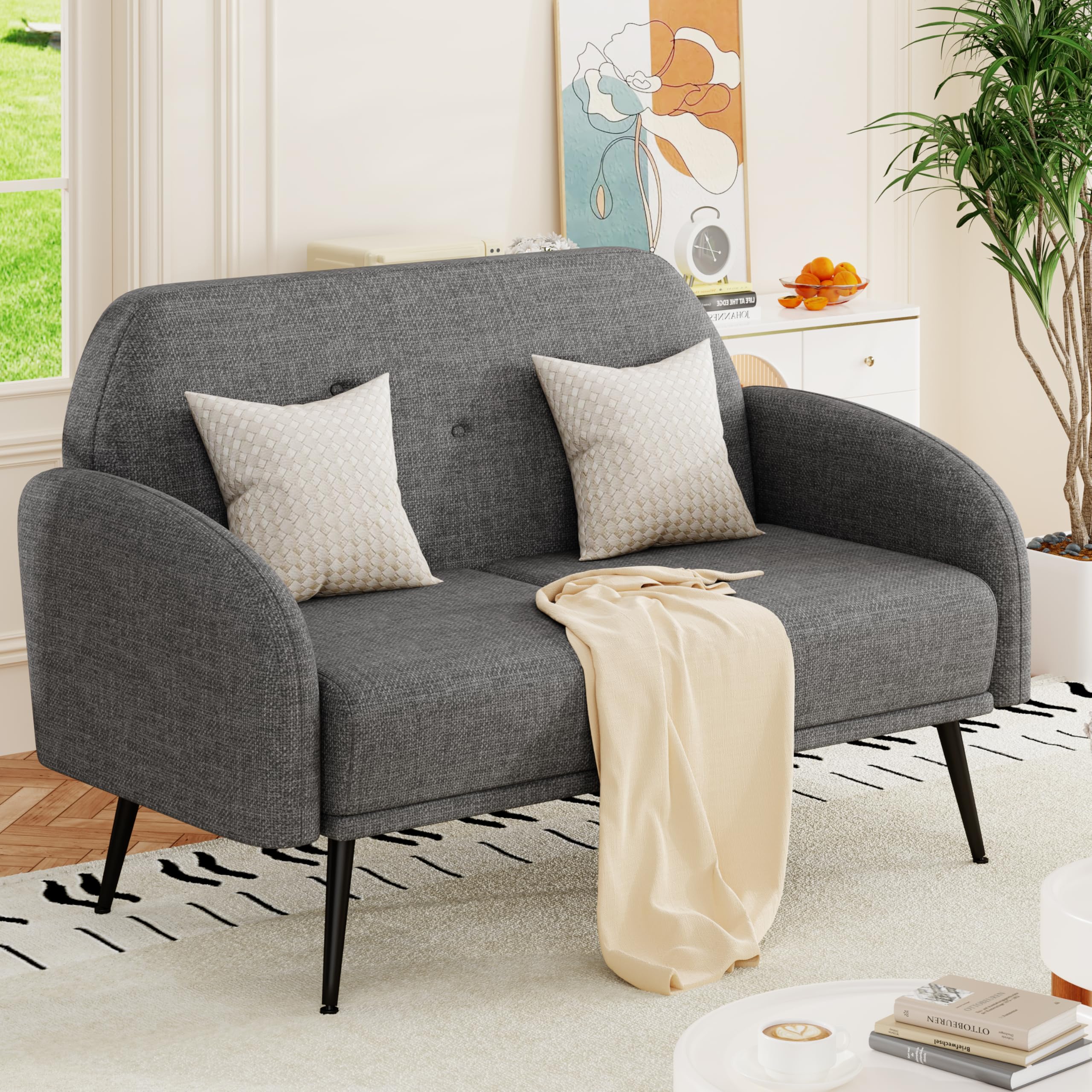 Loveseat Bench Couch, Upholstered Linen Love Seat Sofa 2-Seats