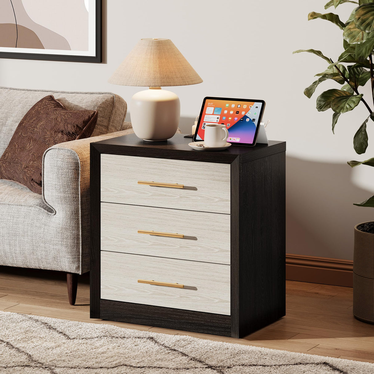 Wide Large Nightstands Set of 2, Black Night Stand