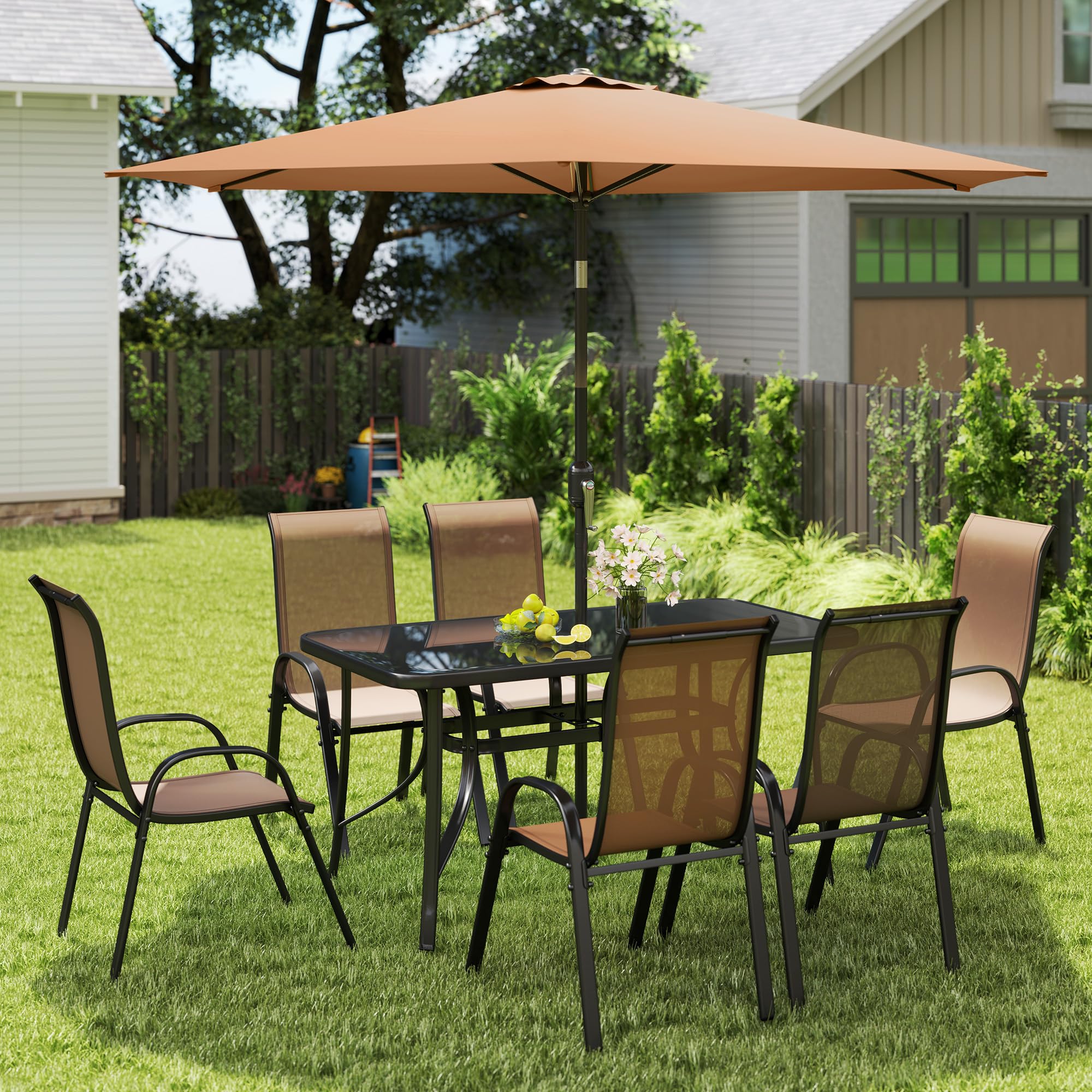 8 Pieces Patio Table and Chairs Set with 9 Ft Patio Umbrella, Outdoor Dining Set
