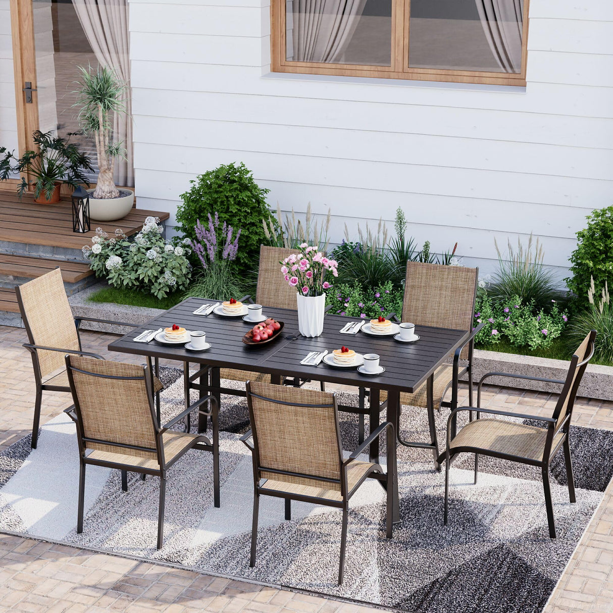 7-Piece Outdoor Patio Dining Set - 6 Stackable Texlin Sling Chairs & 63" Rustproof Steel Table, Weatherproof Low-Maintenance Furniture for Backyard/Balcony/Poolside, Includes 1.57"-1.97" Umbrella Hole
