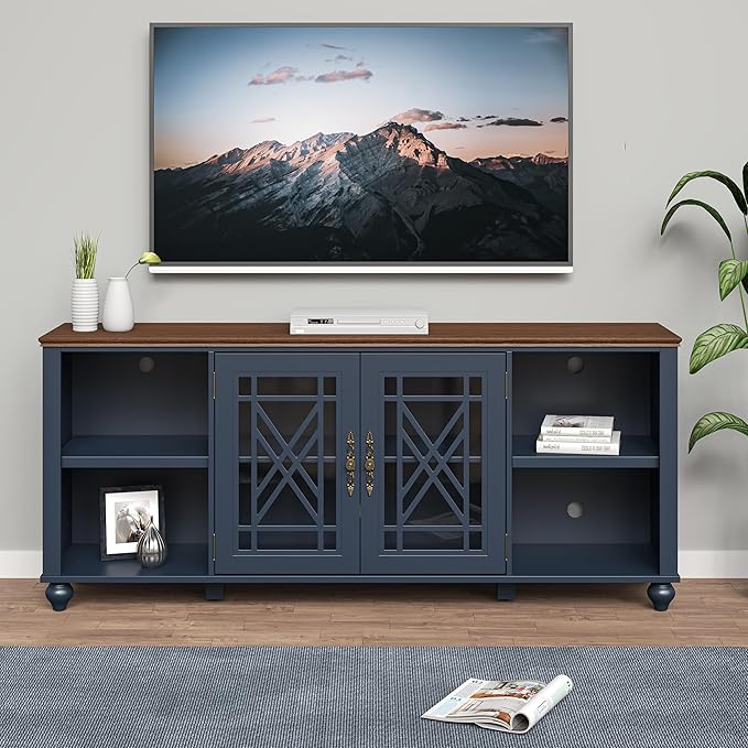 70 Inch TV Stand Entertainment Center with 2 Front Glass Doors and Shelf for TVs up to 80"