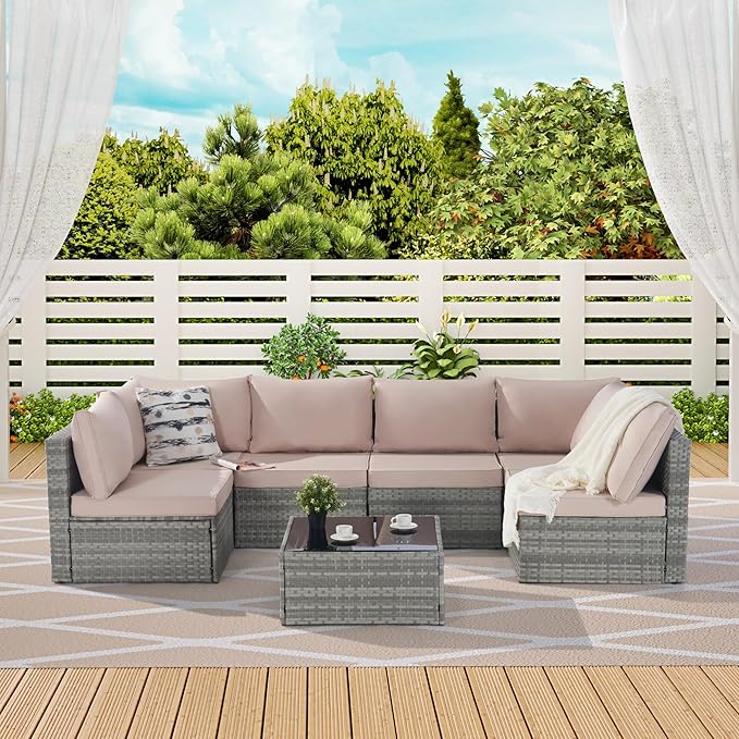 Outdoor Rattan Patio Furniture Set, 7 Pieces Furniture Sofa and Table Set