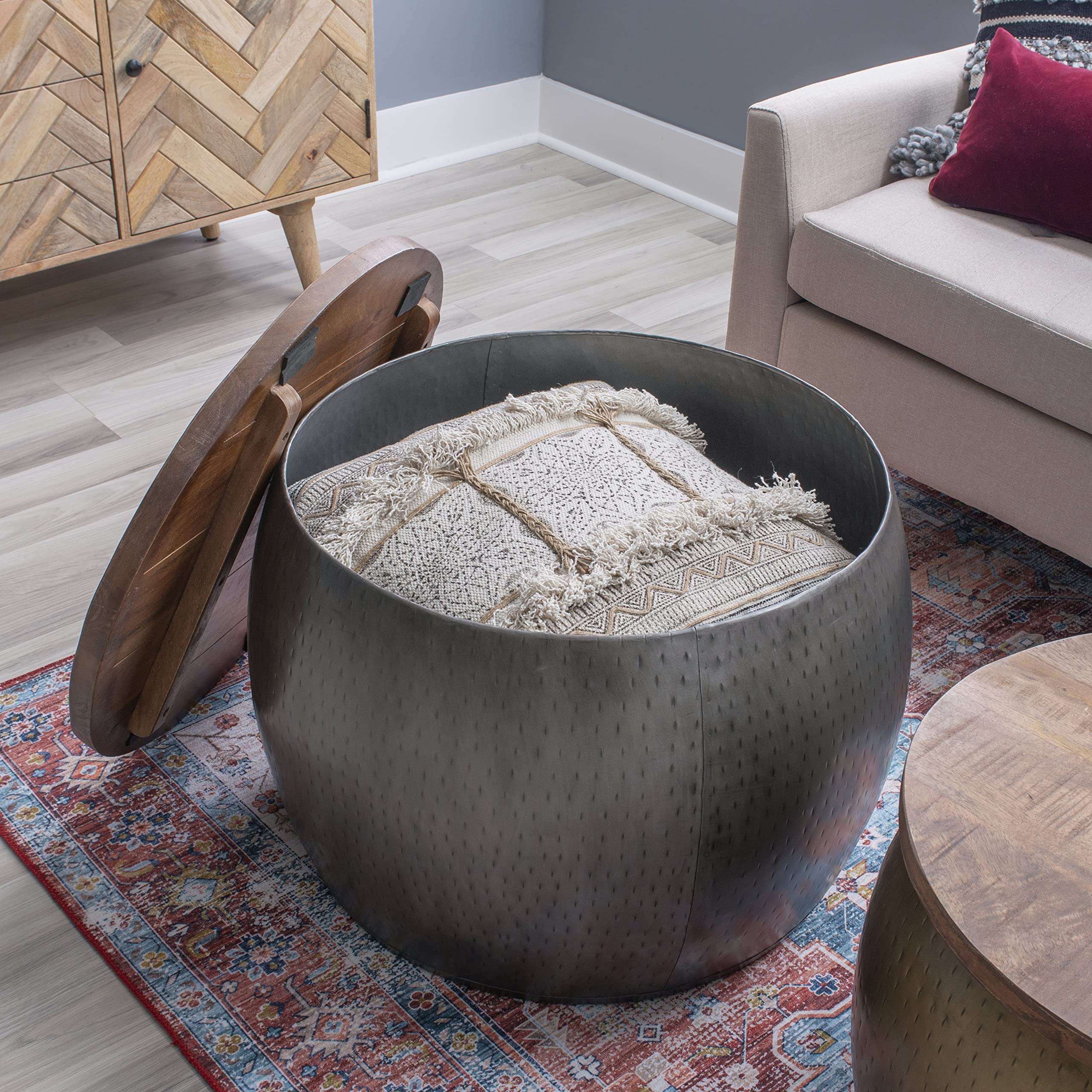 Hammered Silver Drum with Natural Wood Lift Top for Storage Janice Table