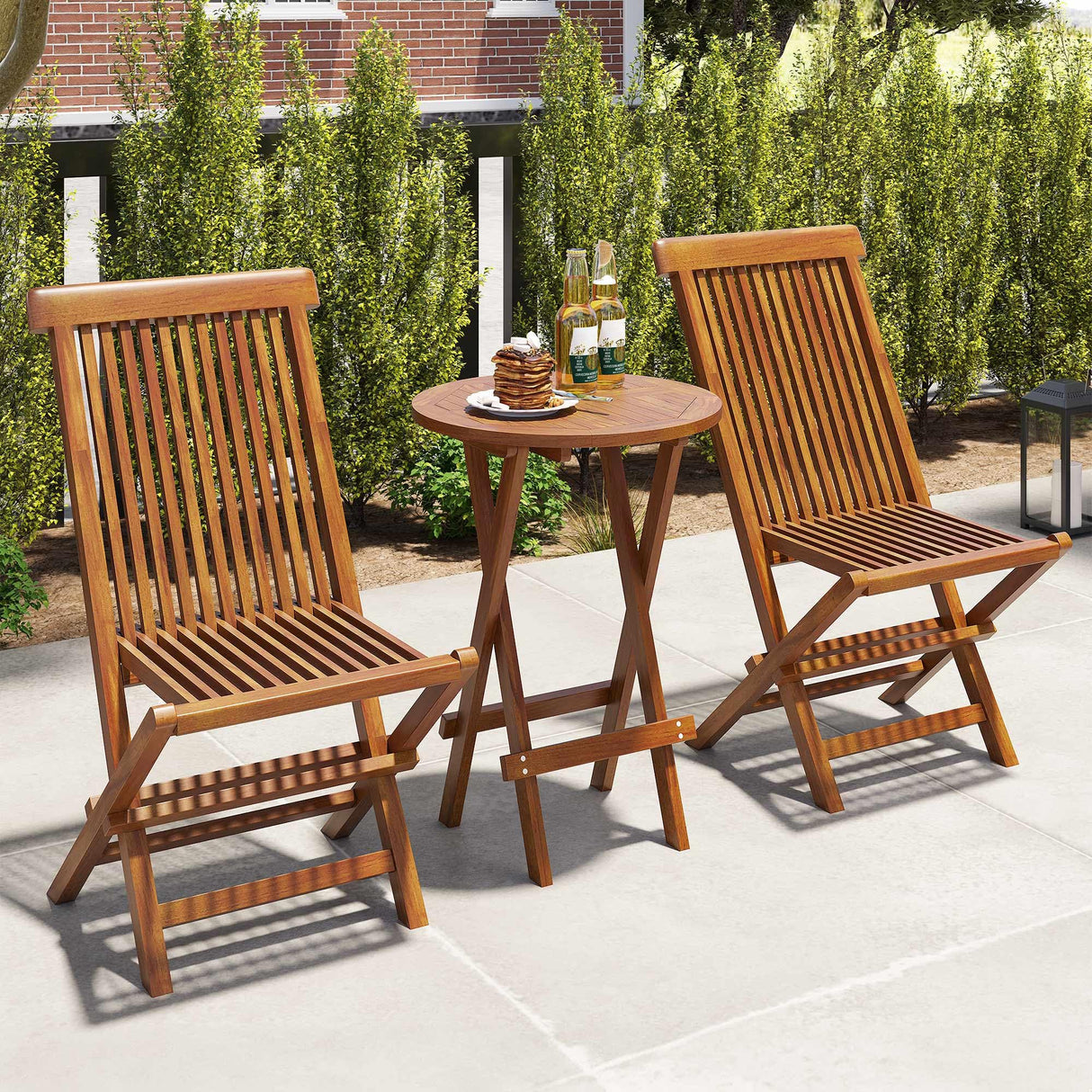 3 Pieces Patio Bistro Set Teak Wood Bistro Table and Chairs Set of 2, Outdoor Conversation