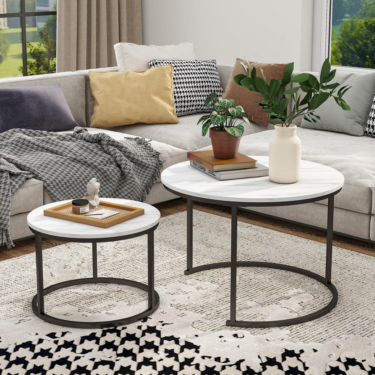 Industrial Round Coffee Table Set of 2 End Table for Living Room
