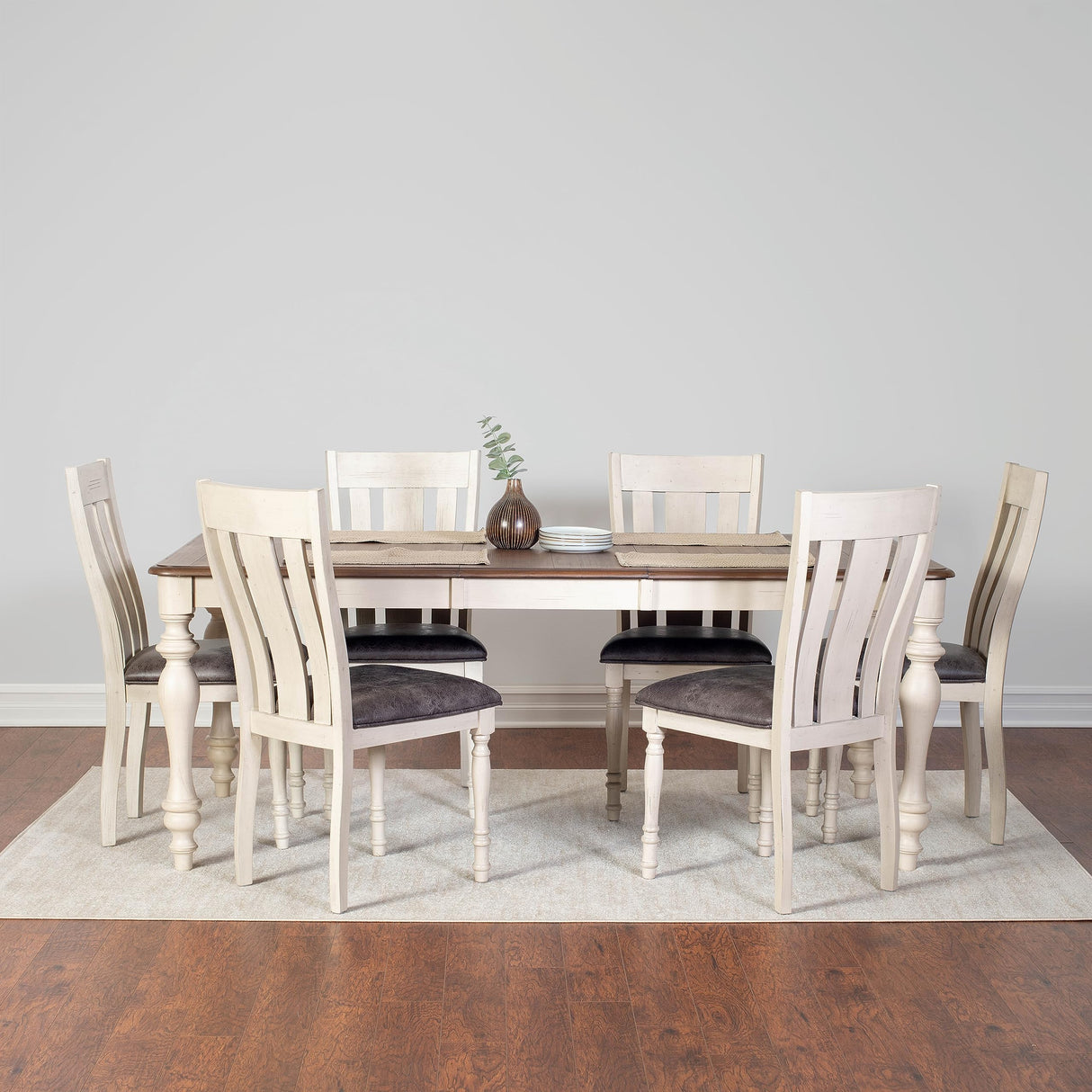 Arch Solid Wood Dining Set: Table with Extension Leaf, Six Chairs, Distressed White and Dark