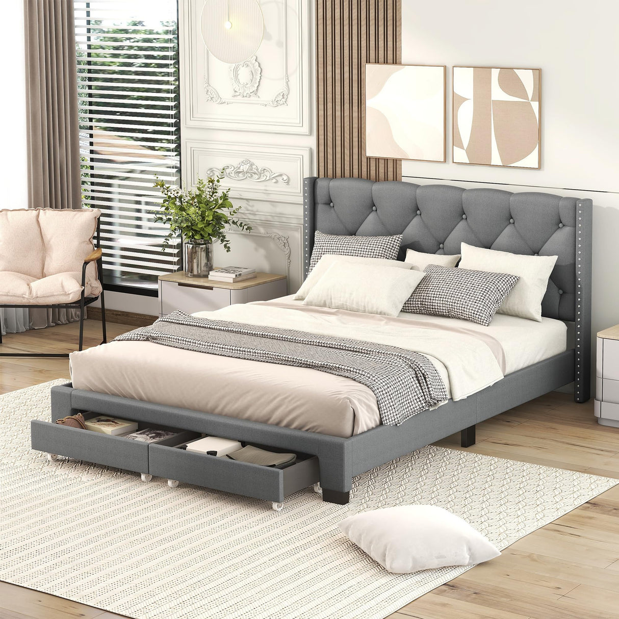 Queen Upholstered Bed with Storage Drawers, Wingback Platform Bed Frame