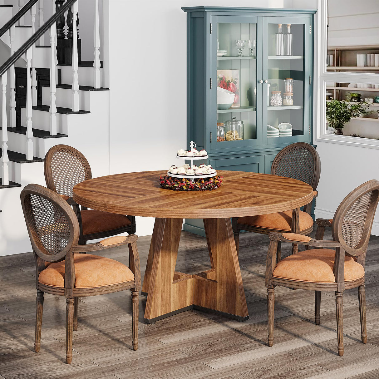 47 Inch Round Farmhouse Dining Table for 4 - Rustic Wood Kitchen Table