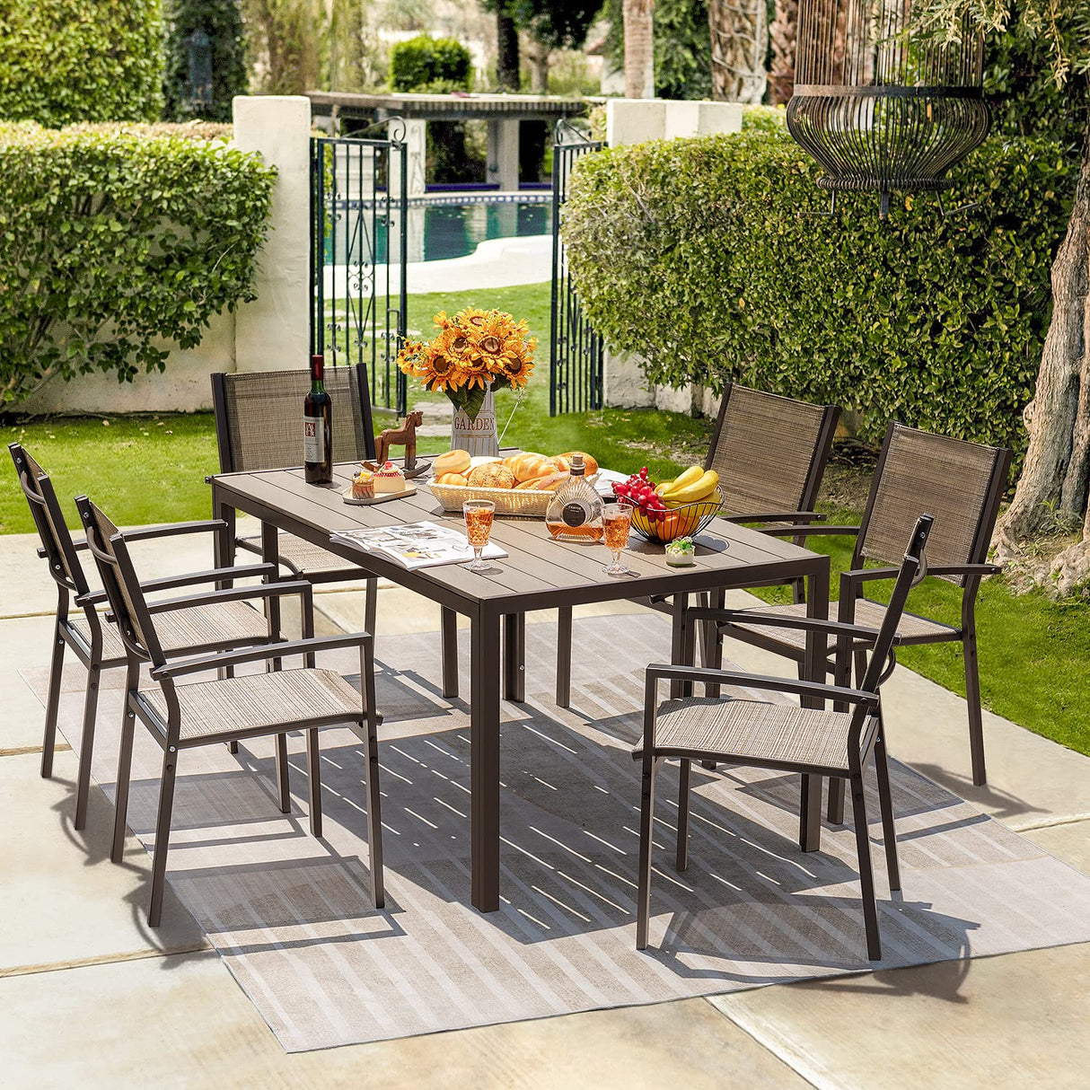 7 Pieces Patio Dining Set Outdoor Furniture with 6 Stackable Textilene Chairs and Large