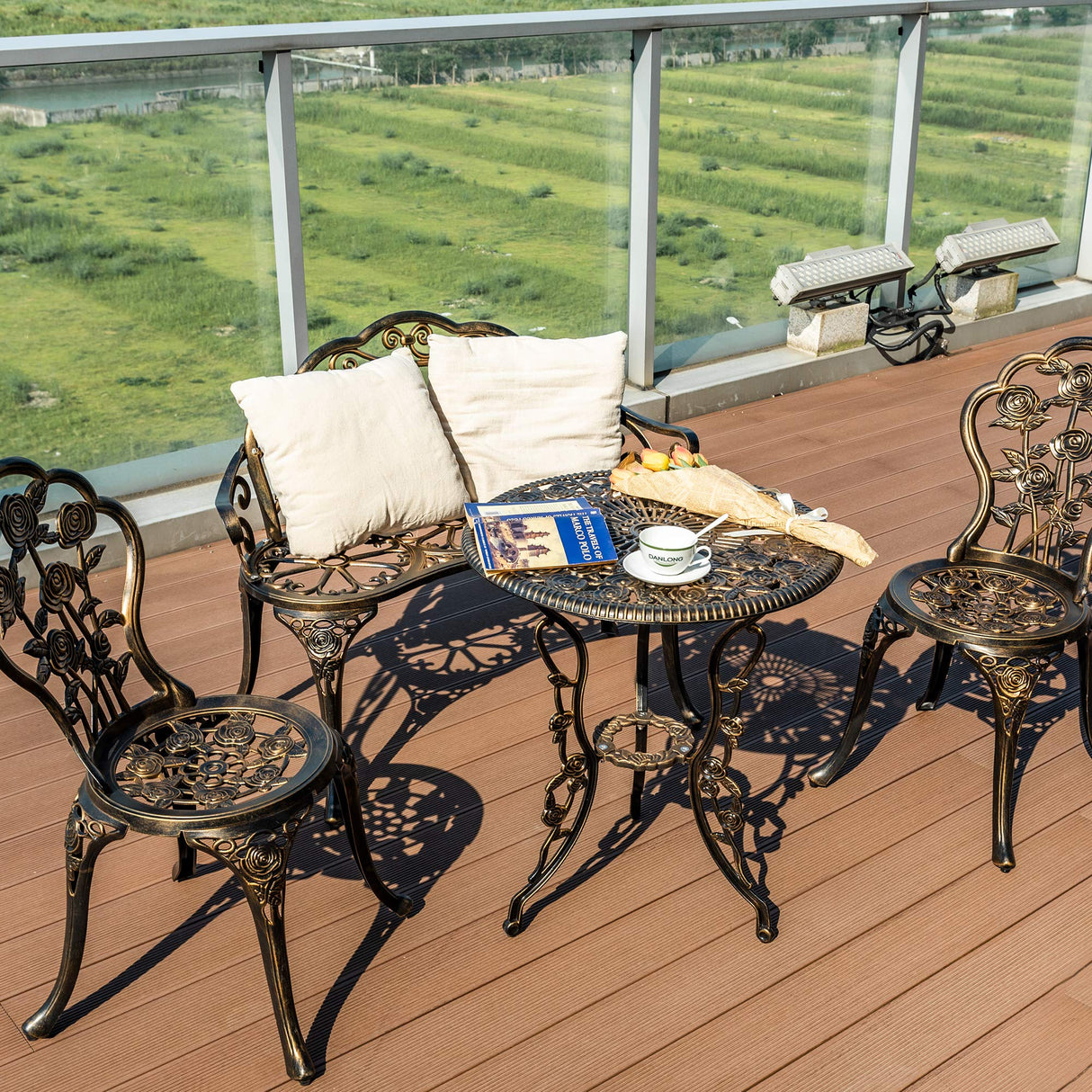 4-Piece Cast Aluminum Bistro Set - Rose Design Patio Table and Chairs with Umbrella Hole