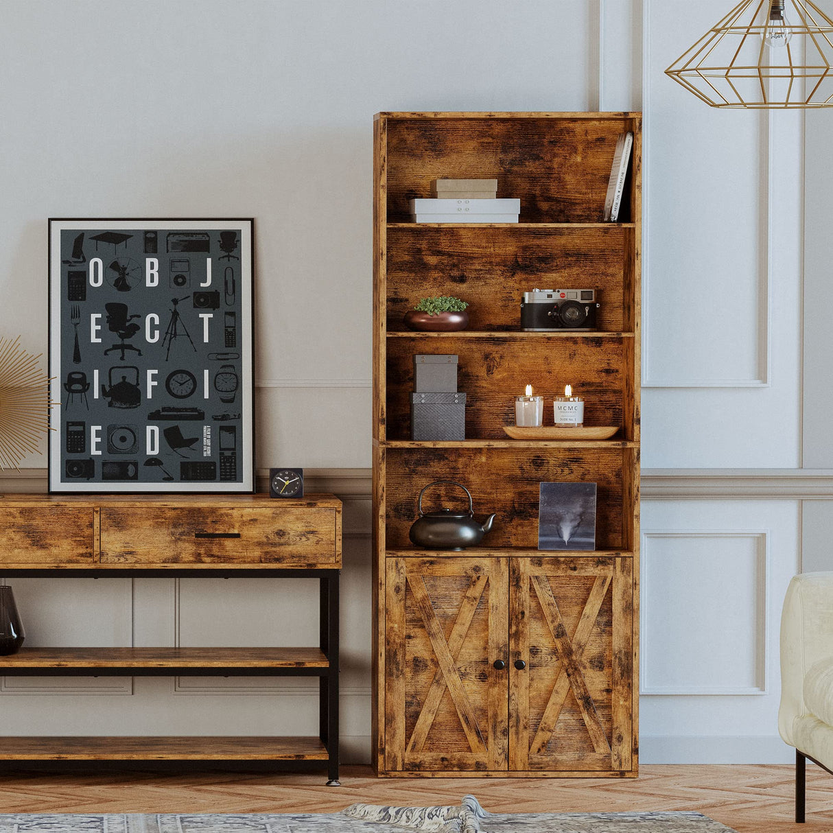 Industrial Bookshelves and Bookcases with Doors Floor Standing 6 Shelf Display Storage