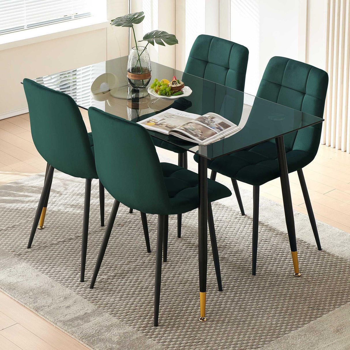 Green Velvet Dining Chairs Set of 4 with Metal Legs