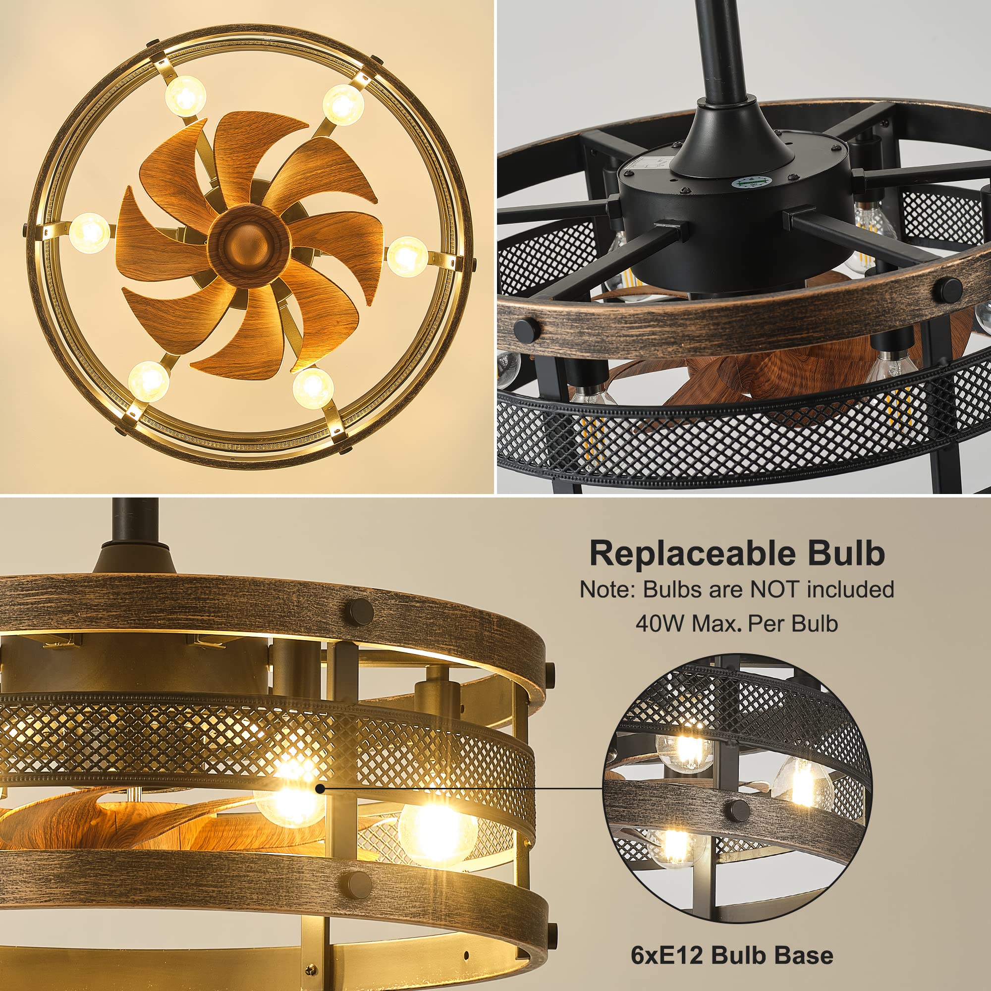 Caged Ceiling Fan with Lights and Remote,19'' Black Industrial Ceiling Fan