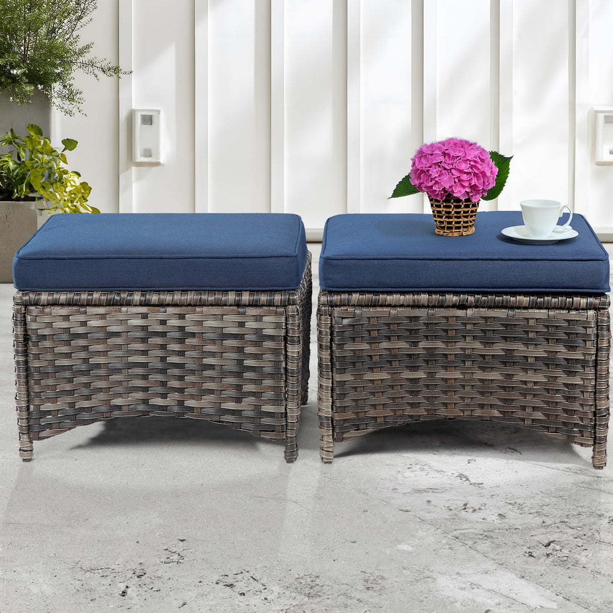 Outdoor Ottomans for Patio Set of 2 PE Wicker Steel Frame Outdoor Footstool