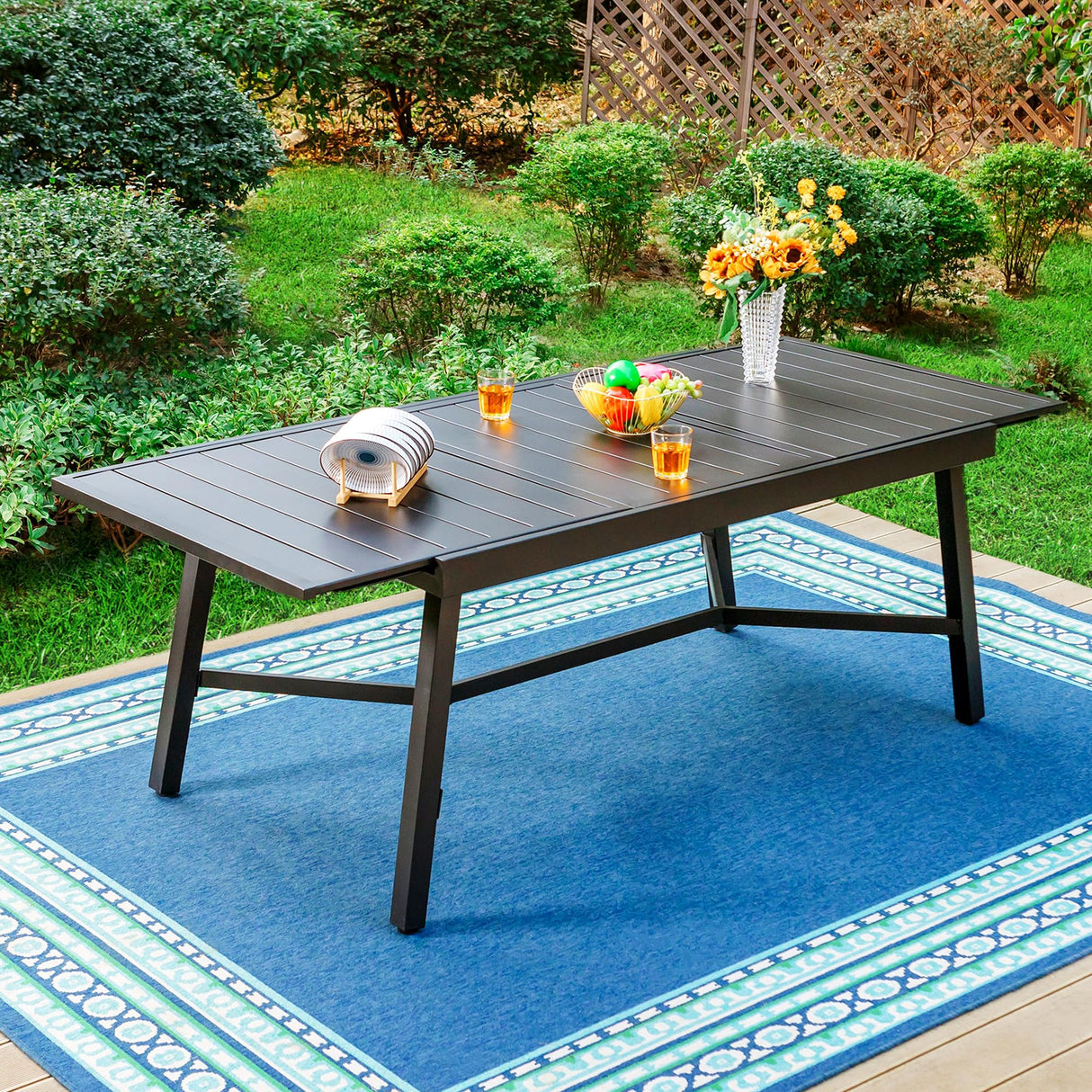 Expandable Patio Dining Table Metal Outdoor Table for 6-8 Person Lawn Garden Bistro Rectangular Table