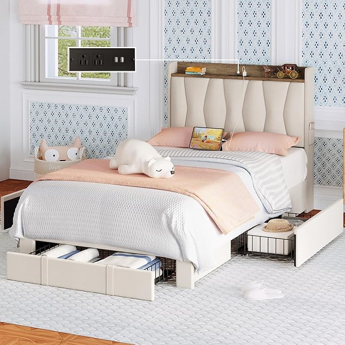 Queen Bed Frame with 3 Drawers, Upholstered Platform Bed