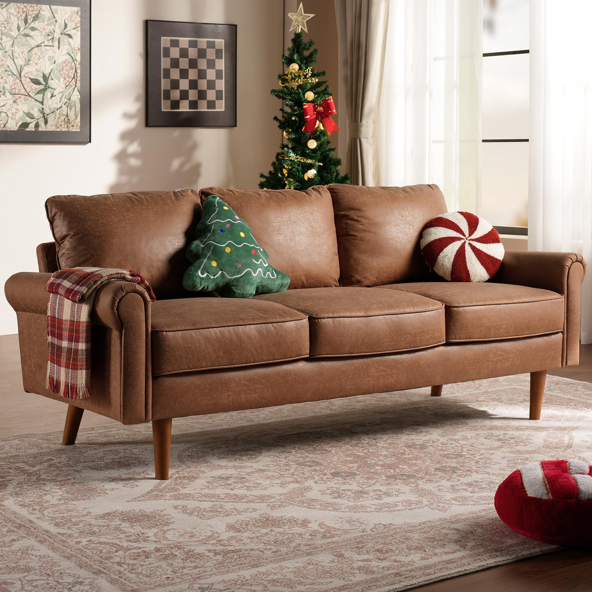 Faux Leather Mid-Century Modern Sofa for Living Room,3 Seater Couch