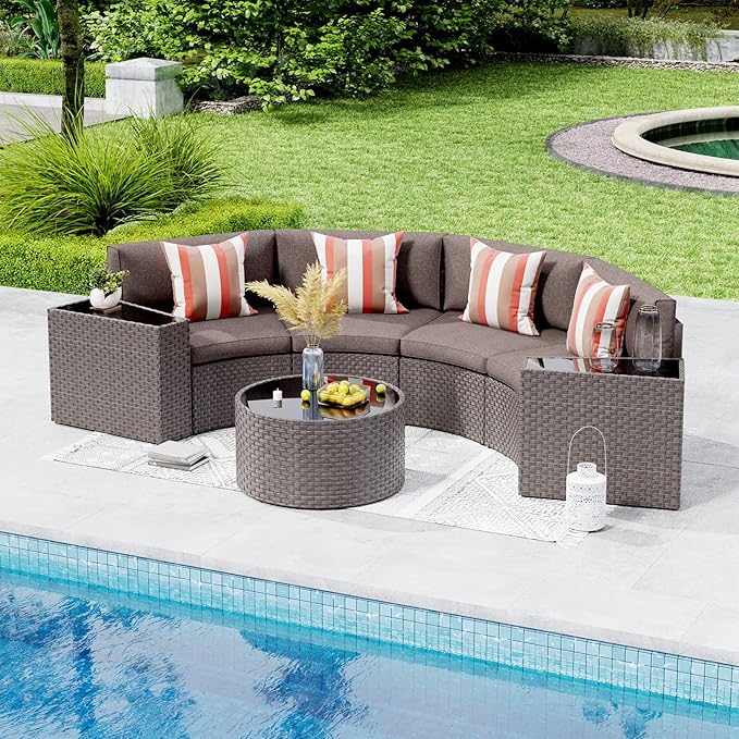 Outdoor 7-Piece Half-Moon Sectional Furniture Set with Round Coffee Table