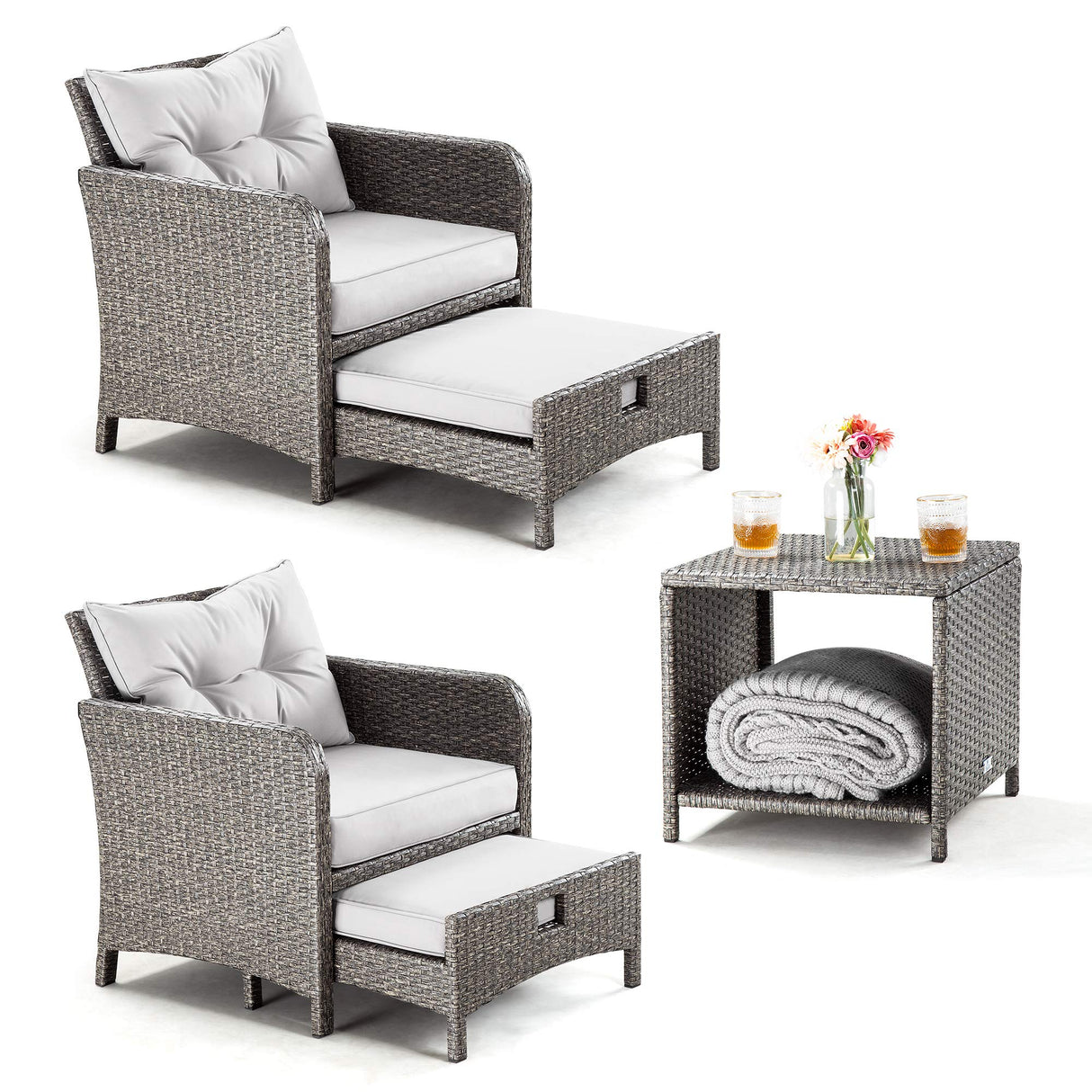 5 Pieces Outdoor Patio Wicker Chairs Set with Ottoman
