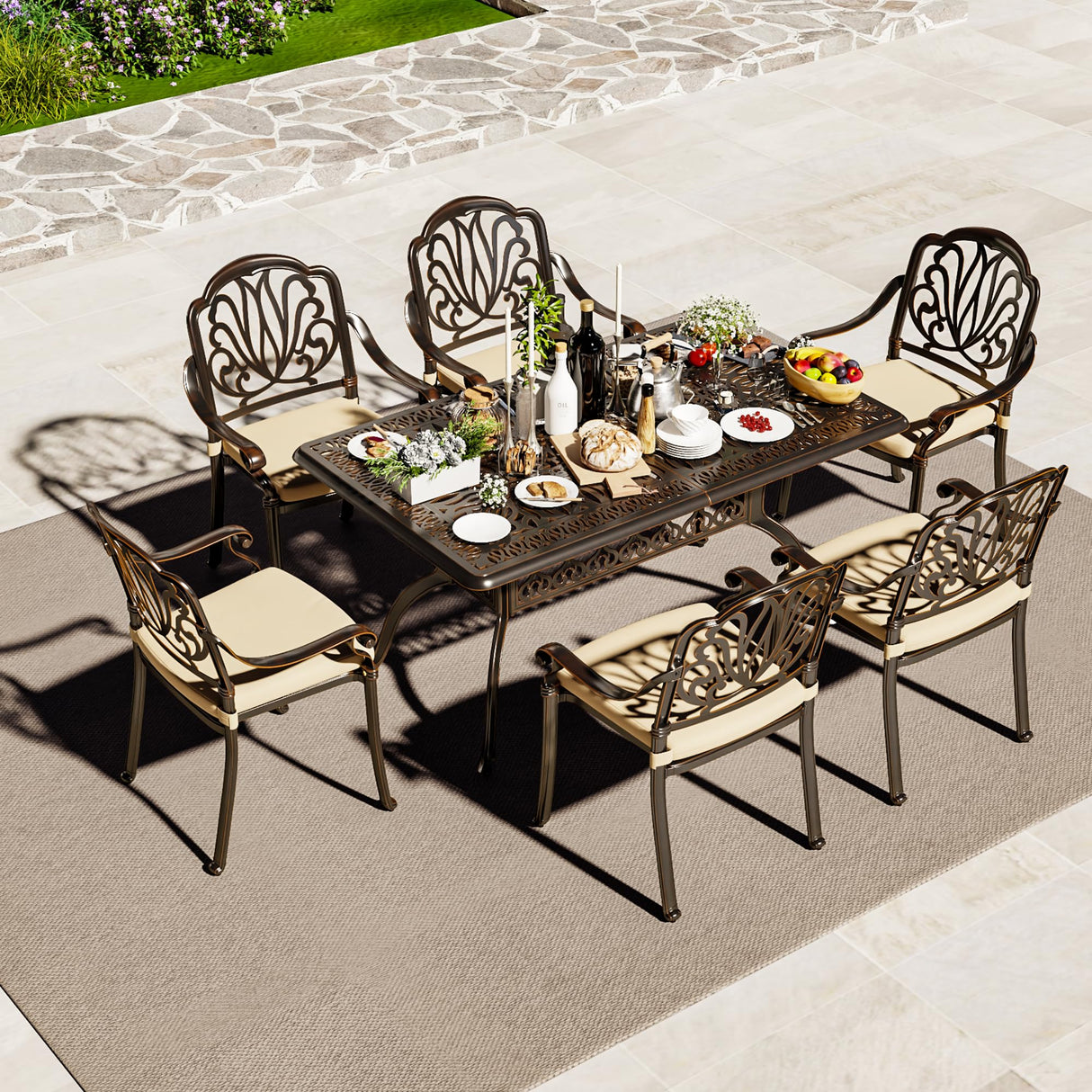7-Piece Cast Aluminum Outdoor Dining Table Set for 6 Person - 59.25" Large Dining Table