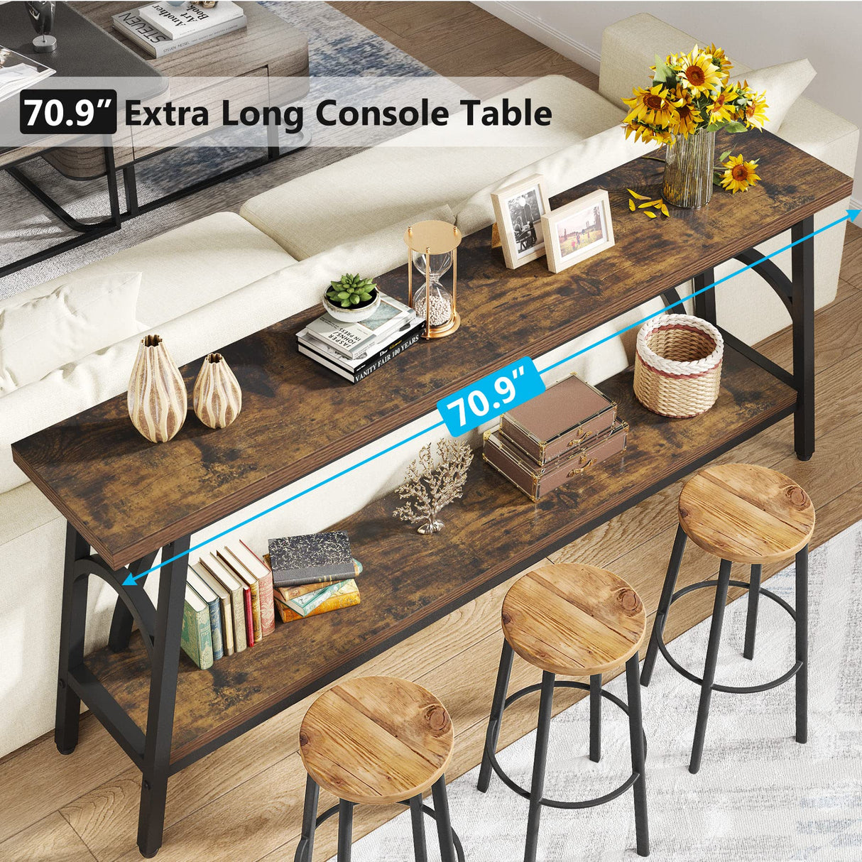 Extra Long Sofa Tables, 70.8”Console Table for Entryway, Wood Console Table 2 Tier TV Stand,