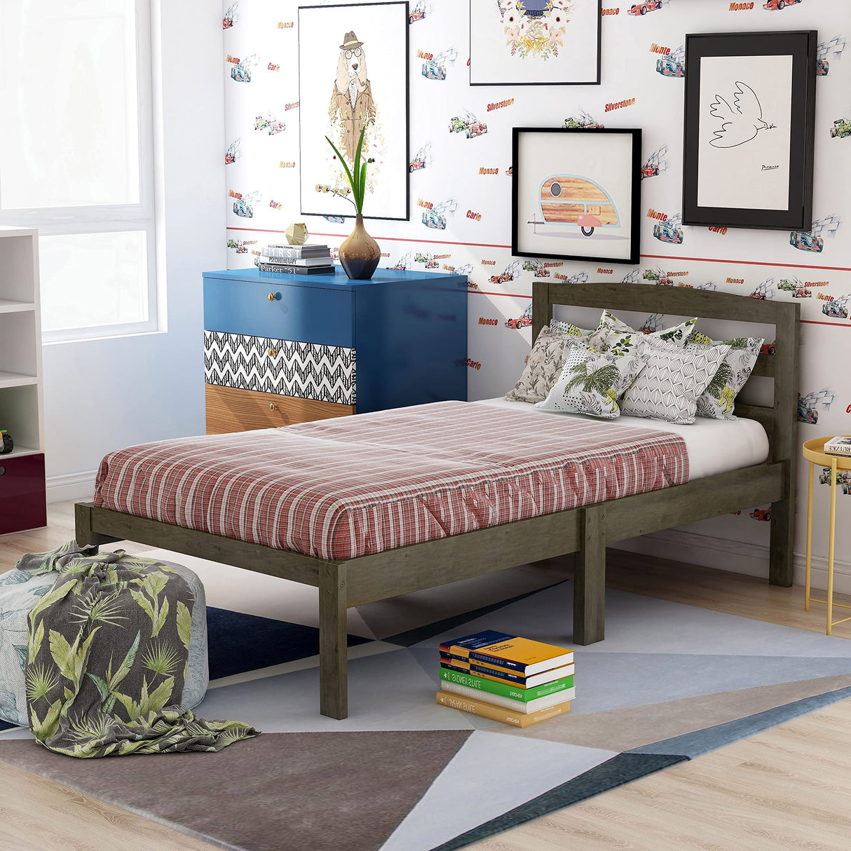 HOMES: Inside + Out Evins Farmhouse Wood Twin-Size Platform Bed for Bedroom, Gray