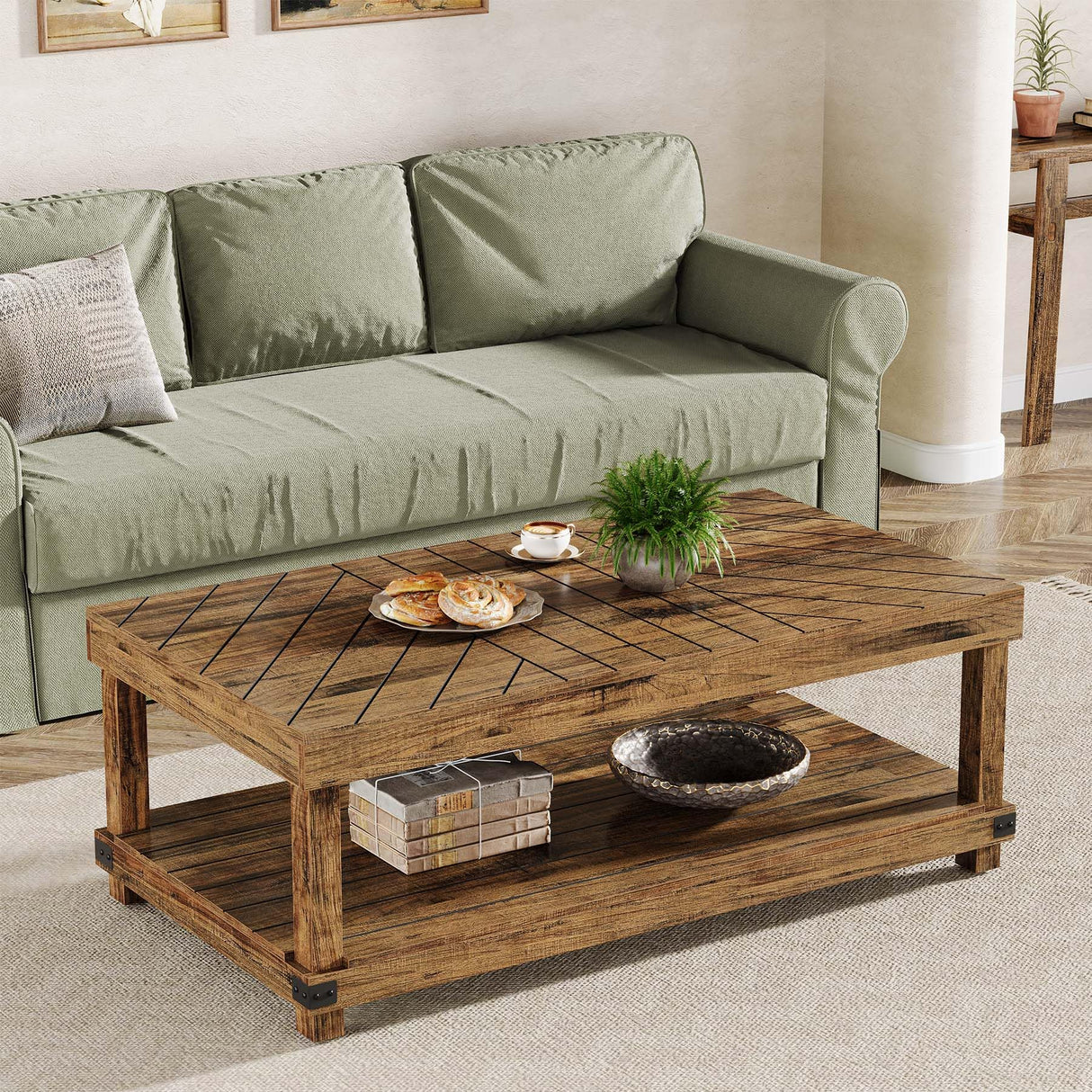 Tribesigns Farmhouse Coffee Table, 47-Inch Wood Center Table with Storage Shelf, 2-Tier Rectangle Cocktail Tea Table with Sturdy Frame for Living Room, Rustic Brown