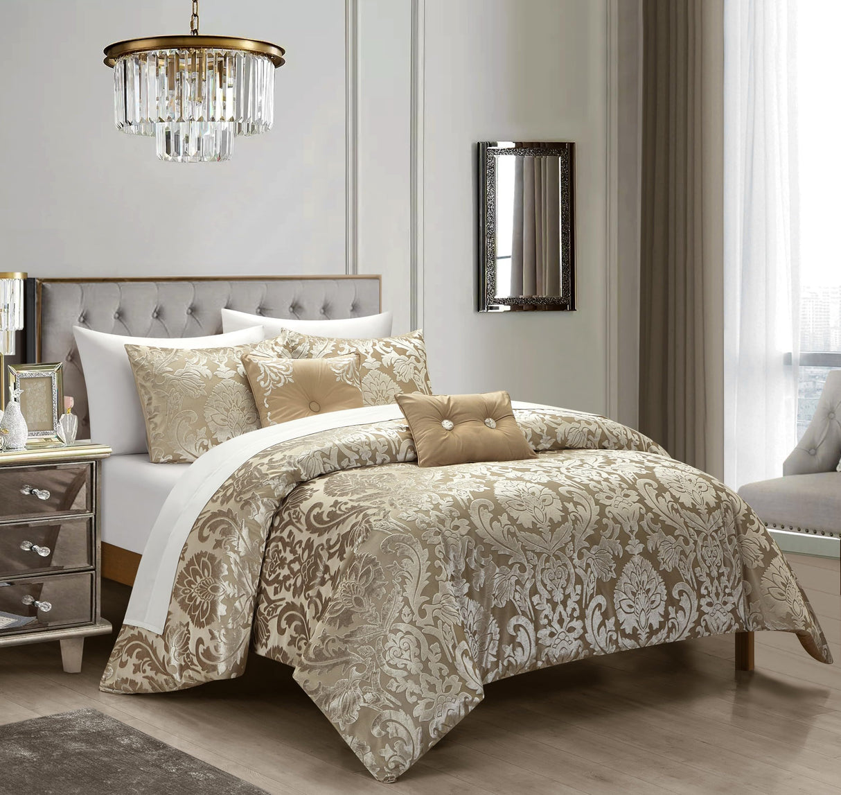 Chic 5 Piece Jacquard Comforter Set Burnout Velvet Design with Decorative Pillows, Shams - Taupe